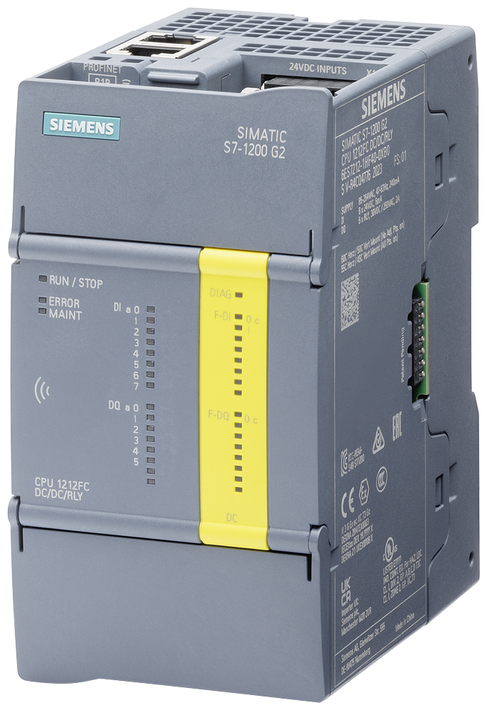 SIMATIC S7-1200 G2 Fail-safe Compact CPU 1212FC DC/DC/DC Power DC 20.4-28.8V DC Onboard I/O 8x DI 24V DC 6x DO 24V DC Memory Program 200 KB Data 500 KB Power-off Hold: 20 KB 6ES7212-1AF50-0XB0