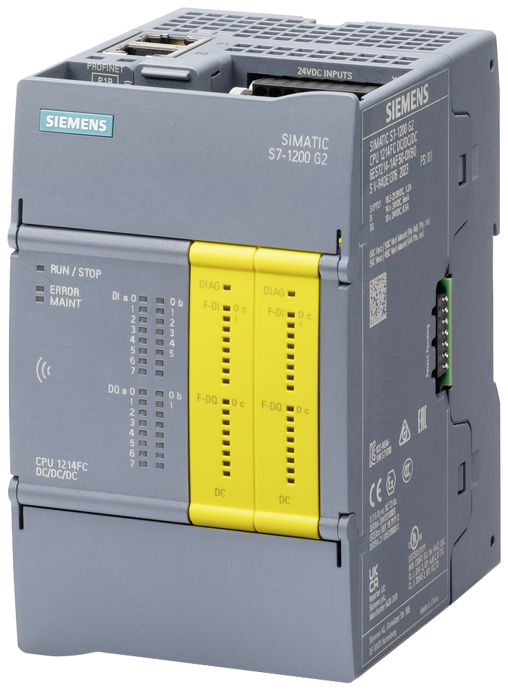 SIMATIC S7-1200 G2 Fail-safe Compact CPU 1214FC DC/DC/DC Power DC 20.4-28.8V DC Onboard I/O 14x DI 24V DC 10x DO 24V DC Memory Program 300 KB Data 750 KB Power-off Hold 20 KB 6ES7214-1AF50-0XB0