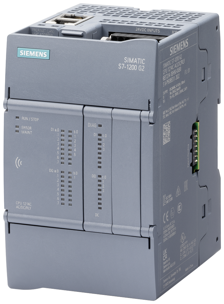 SIMATIC S7-1200 G2：Compact CPU 1214C DC/DC/DC；Power Supply: 20.4-28.8V DC；Onboard I/O：14x DI 24V DC；10 DO 24V DC；Storage: Program 250 KB Data: 750 KB，Power-off Hold：20 KB 6ES7214-1AH50-0XB0